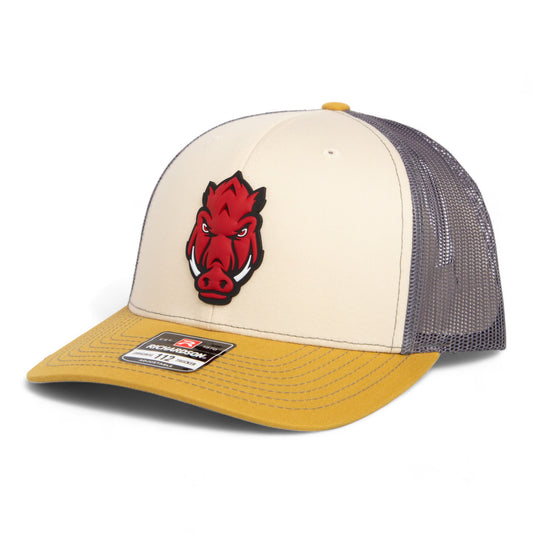 Arkansas Razorbacks Forward Facing Hog 3D Snapback Trucker Hat- Mink Beige/ Charcoal/ Amber Gold