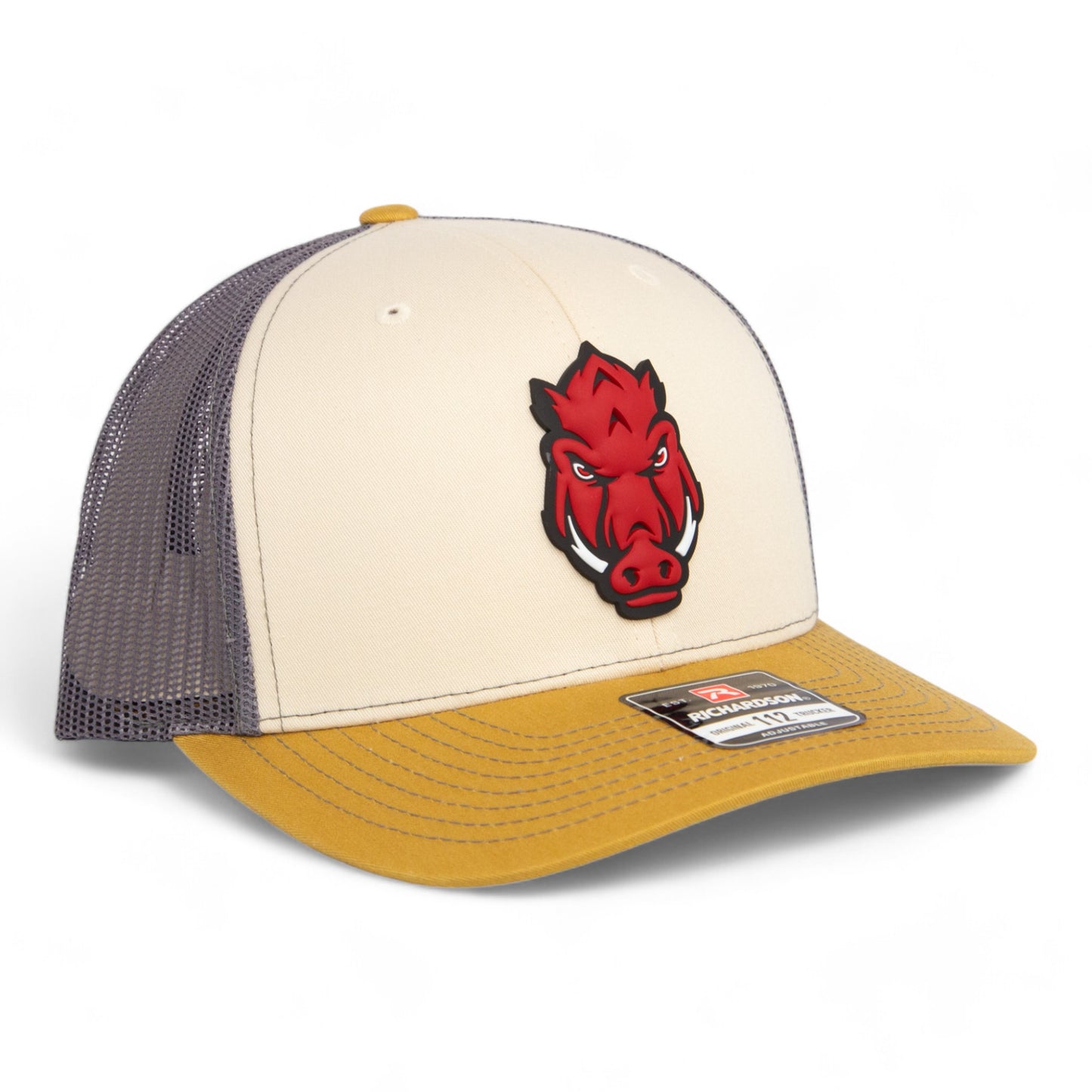 Arkansas Razorbacks Forward Facing Hog 3D Snapback Trucker Hat- Mink Beige/ Charcoal/ Amber Gold