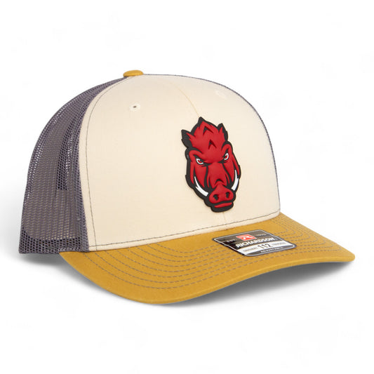 Arkansas Razorbacks Forward Facing Hog 3D Snapback Trucker Hat- Mink Beige/ Charcoal/ Amber Gold