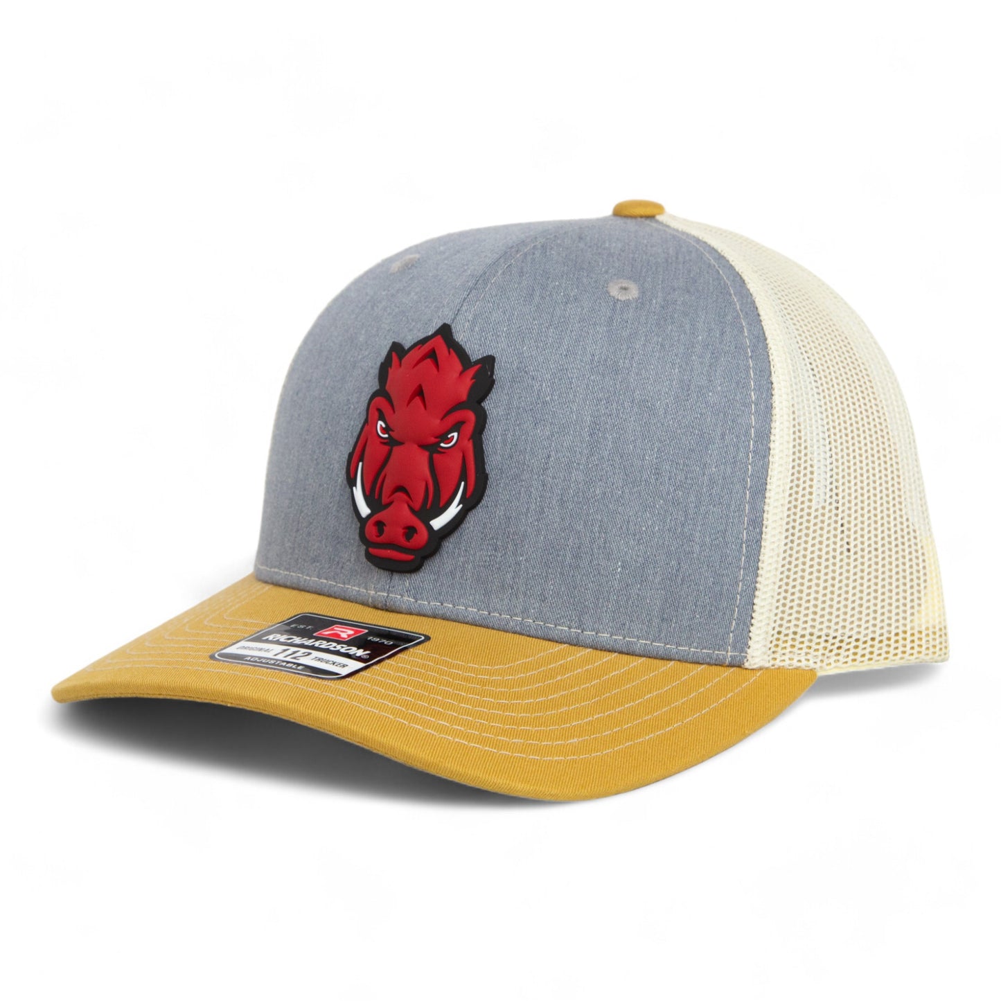 Arkansas Razorbacks Forward Facing Hog 3D Snapback Trucker Hat- Heather Grey/ Birch/ Amber Gold