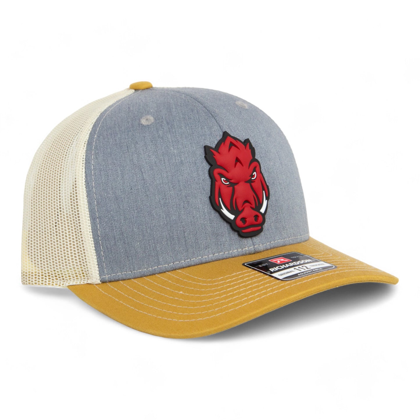 Arkansas Razorbacks Forward Facing Hog 3D Snapback Trucker Hat- Heather Grey/ Birch/ Amber Gold