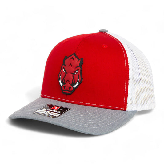 Arkansas Razorbacks Forward Facing Hog 3D Snapback Trucker Hat- Red/ White/ Heather Grey