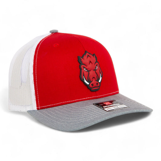 Arkansas Razorbacks Forward Facing Hog 3D Snapback Trucker Hat- Red/ White/ Heather Grey