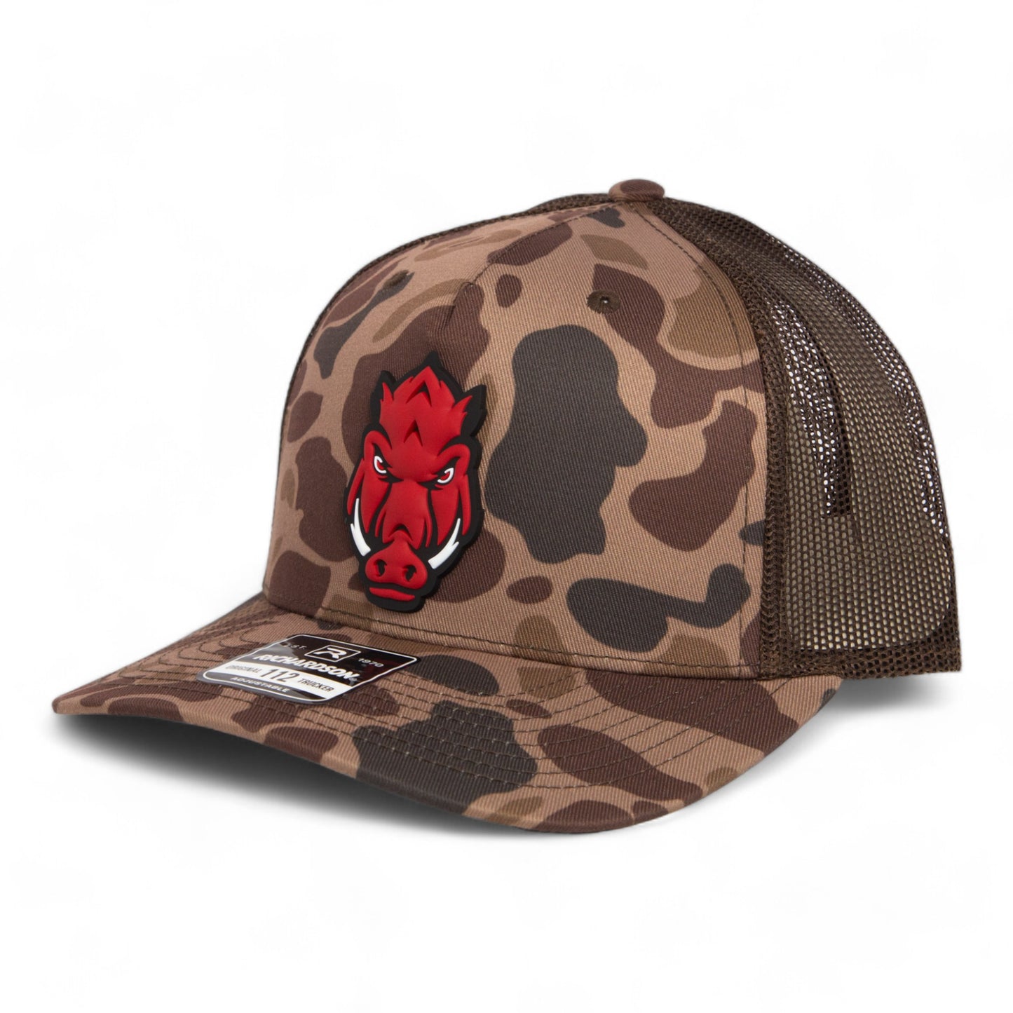 Arkansas Razorbacks Forward Facing Hog 3D Snapback Trucker Hat- Bark Duck Camo/ Brown