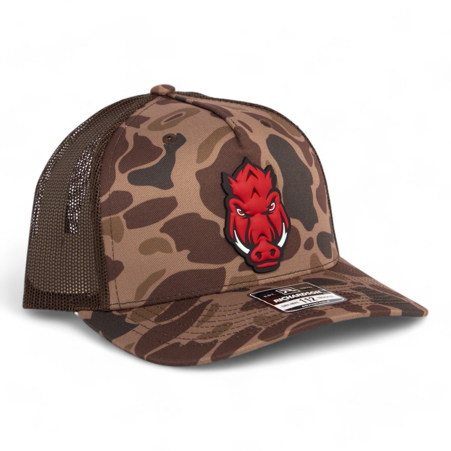 Arkansas Razorbacks Forward Facing Hog 3D Snapback Trucker Hat- Bark Duck Camo/ Brown