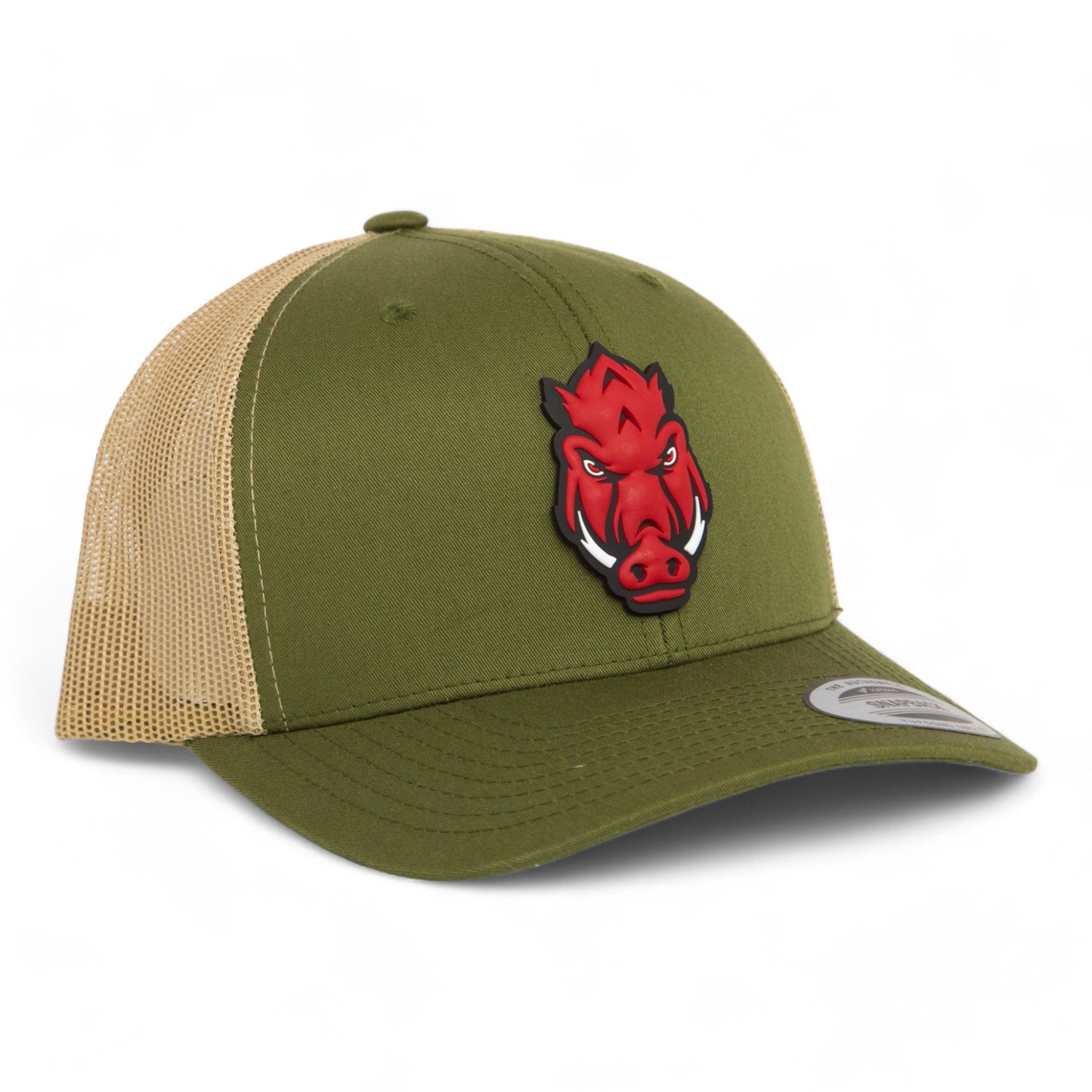 Arkansas Razorbacks Forward Facing Hog 3D YP Snapback Trucker Hat- Moss/ Tan