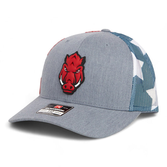 Arkansas Razorbacks Forward Facing Hog 3D Snapback Trucker Hat- Heather Grey/ Stars & Stripes