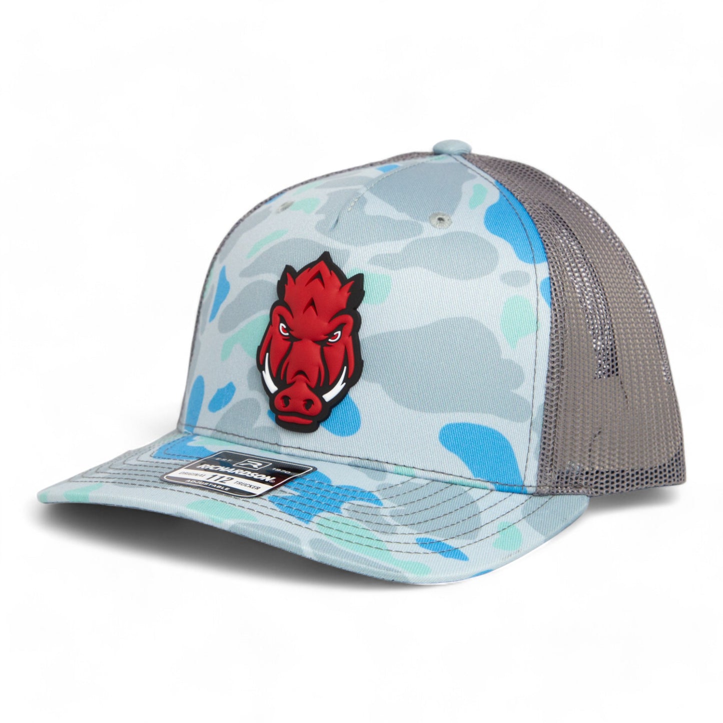 Arkansas Razorbacks Forward Facing Hog 3D Snapback Trucker Hat- Saltwater Duck Camo/ Charcoal