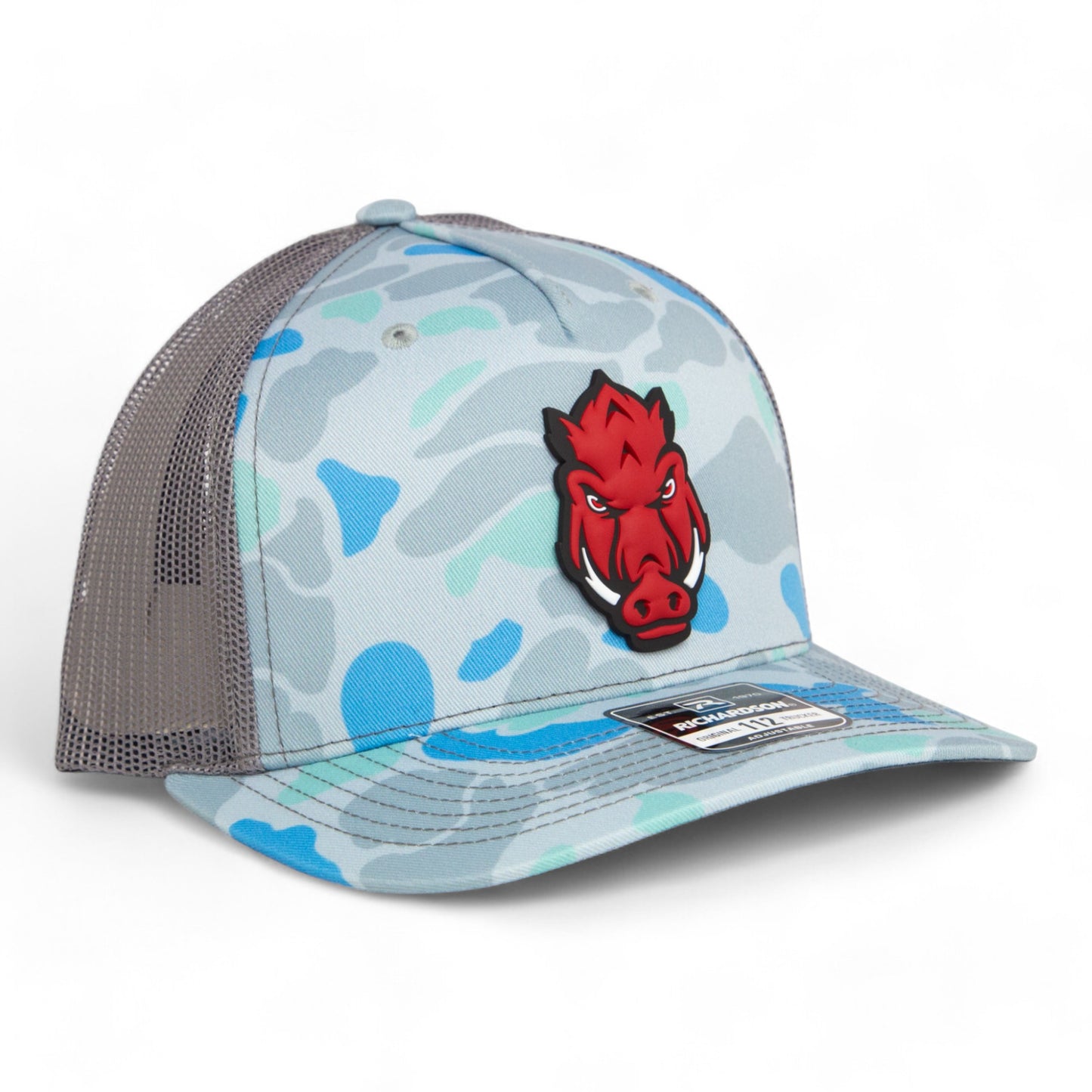 Arkansas Razorbacks Forward Facing Hog 3D Snapback Trucker Hat- Saltwater Duck Camo/ Charcoal