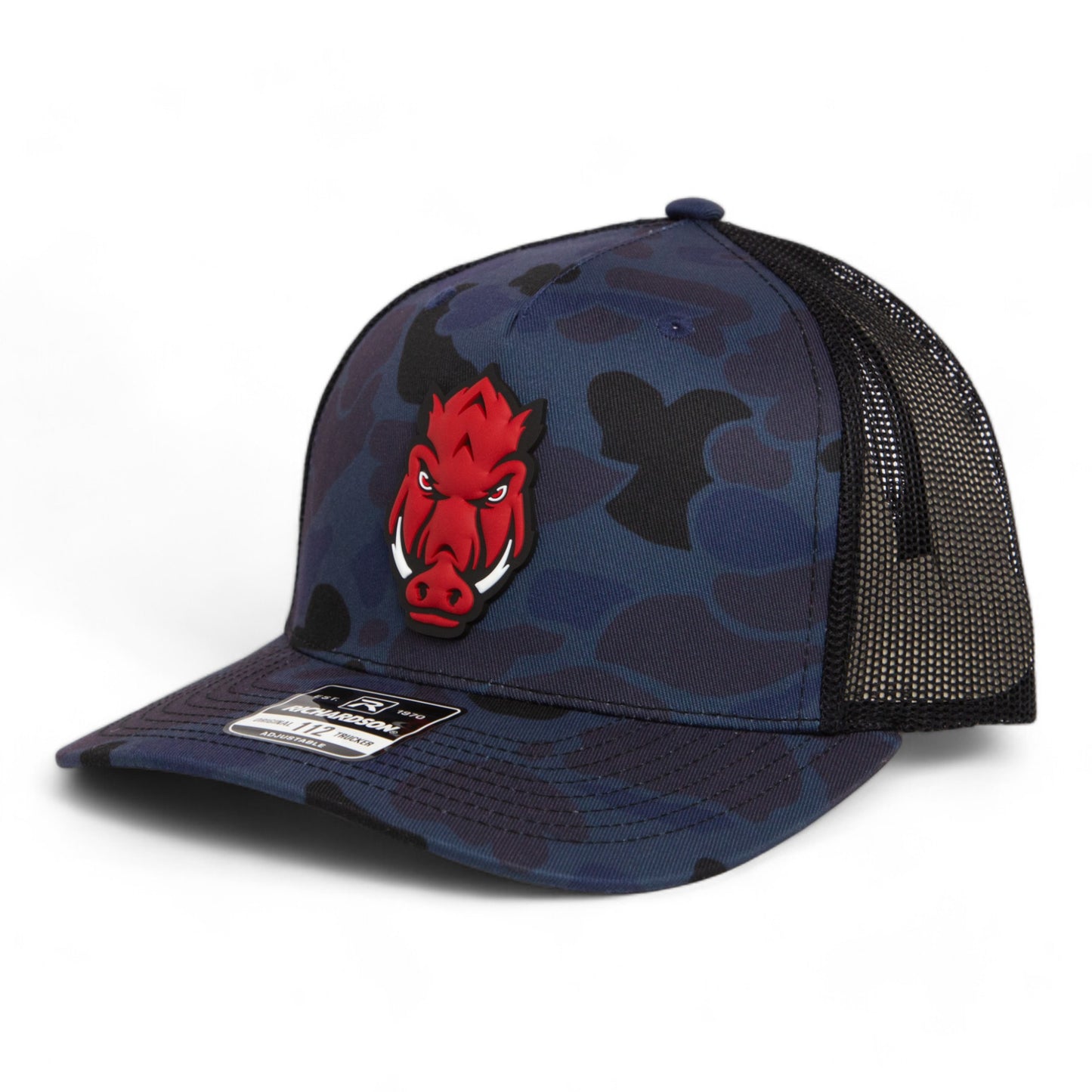 Arkansas Razorbacks Forward Facing Hog 3D Snapback Trucker Hat- Admiral Duck Camo/ Black