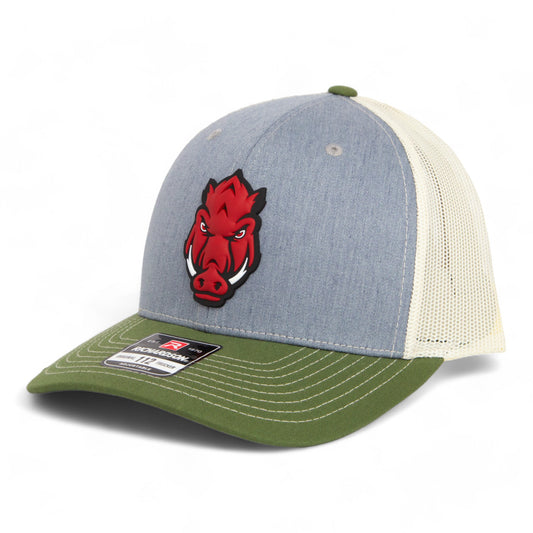 Arkansas Razorbacks Forward Facing Hog 3D Snapback Trucker Hat- Heather Grey/ Birch/ Olive