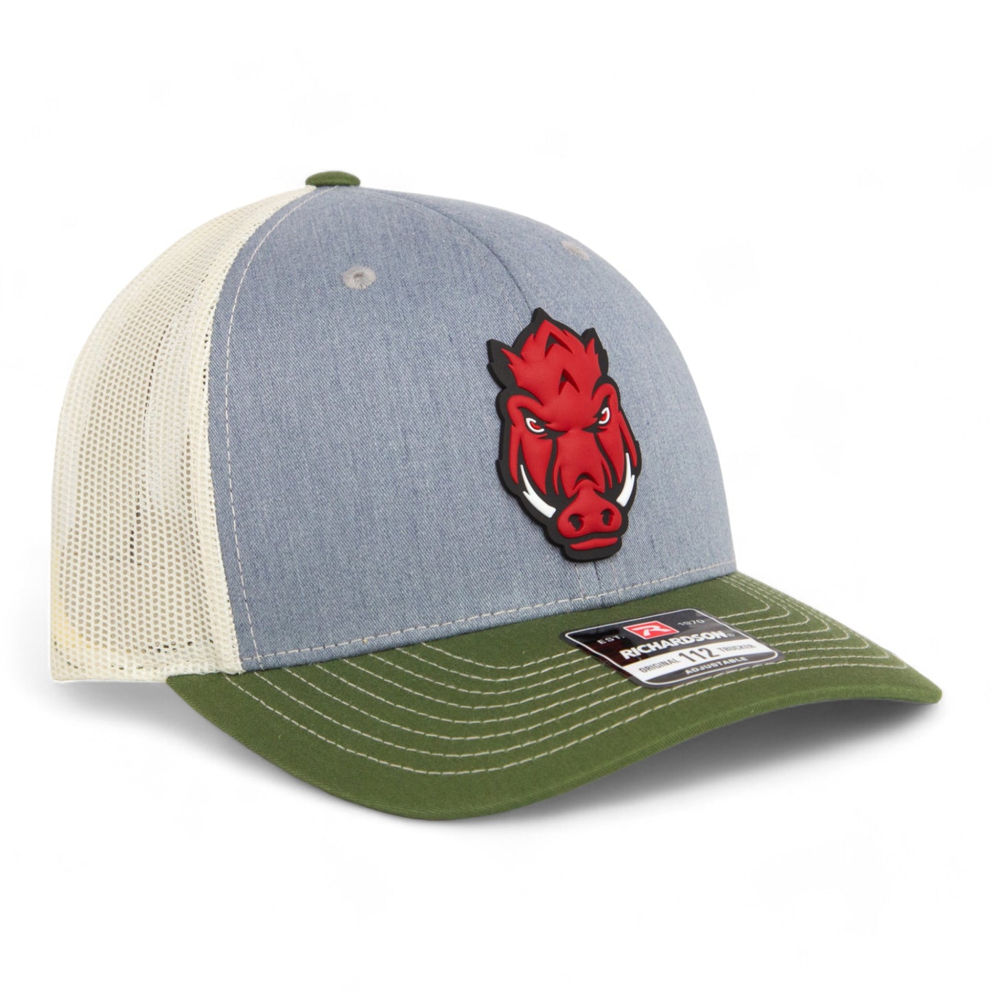 Arkansas Razorbacks Forward Facing Hog 3D Snapback Trucker Hat- Heather Grey/ Birch/ Olive