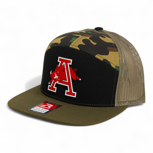 Arkansas Razorbacks Jumping Hog 3D Snapback Seven-Panel Flat Bill Trucker Hat- Black/ Camo/ Loden