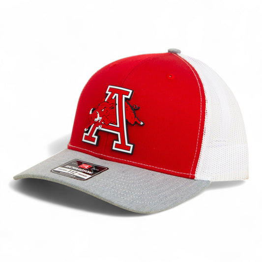 Arkansas Razorbacks Jumping Hog 3D Snapback Trucker Hat- Red/ White/ Heather Grey