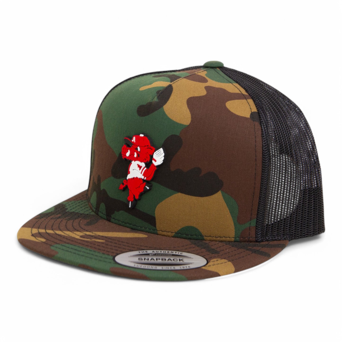 Arkansas Razorbacks Pitching Ribby 3D YP Snapback Flat Bill Trucker Hat- Army Camo/ Black