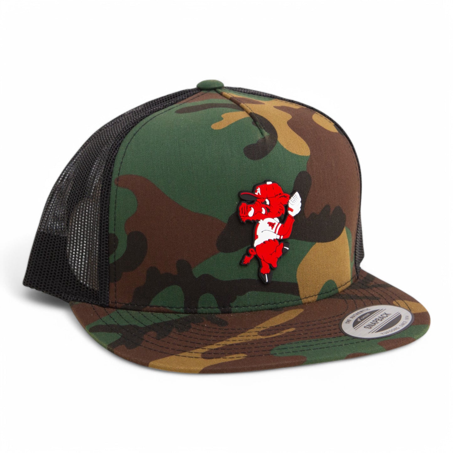 Arkansas Razorbacks Pitching Ribby 3D YP Snapback Flat Bill Trucker Hat- Army Camo/ Black