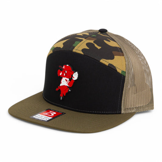 Arkansas Razorbacks Pitching Ribby 3D Snapback Seven-Panel Flat Bill Trucker Hat- Black/ Camo/ Loden