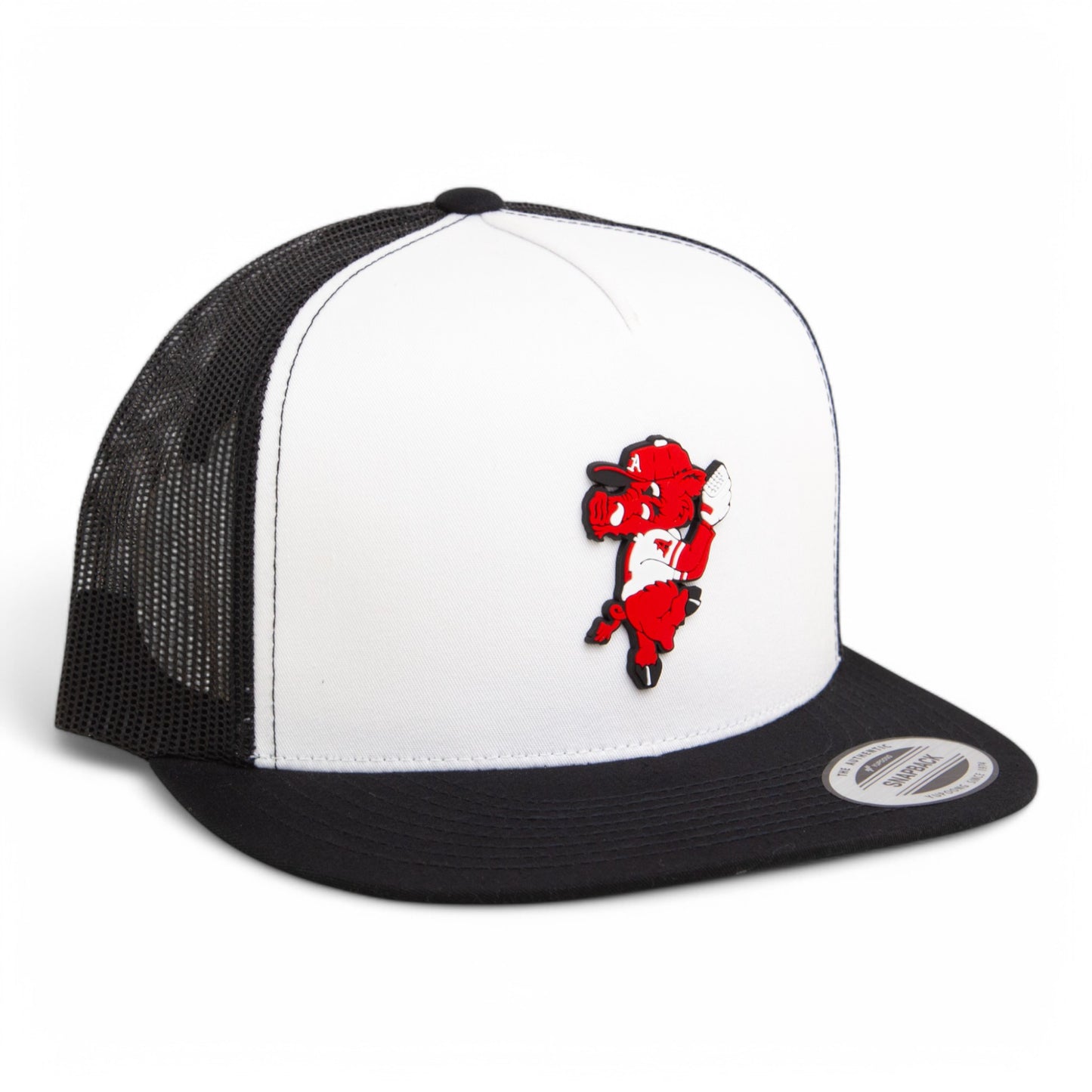 Arkansas Razorbacks Pitching Ribby 3D YP Snapback Flat Bill Trucker Hat- White/ Black