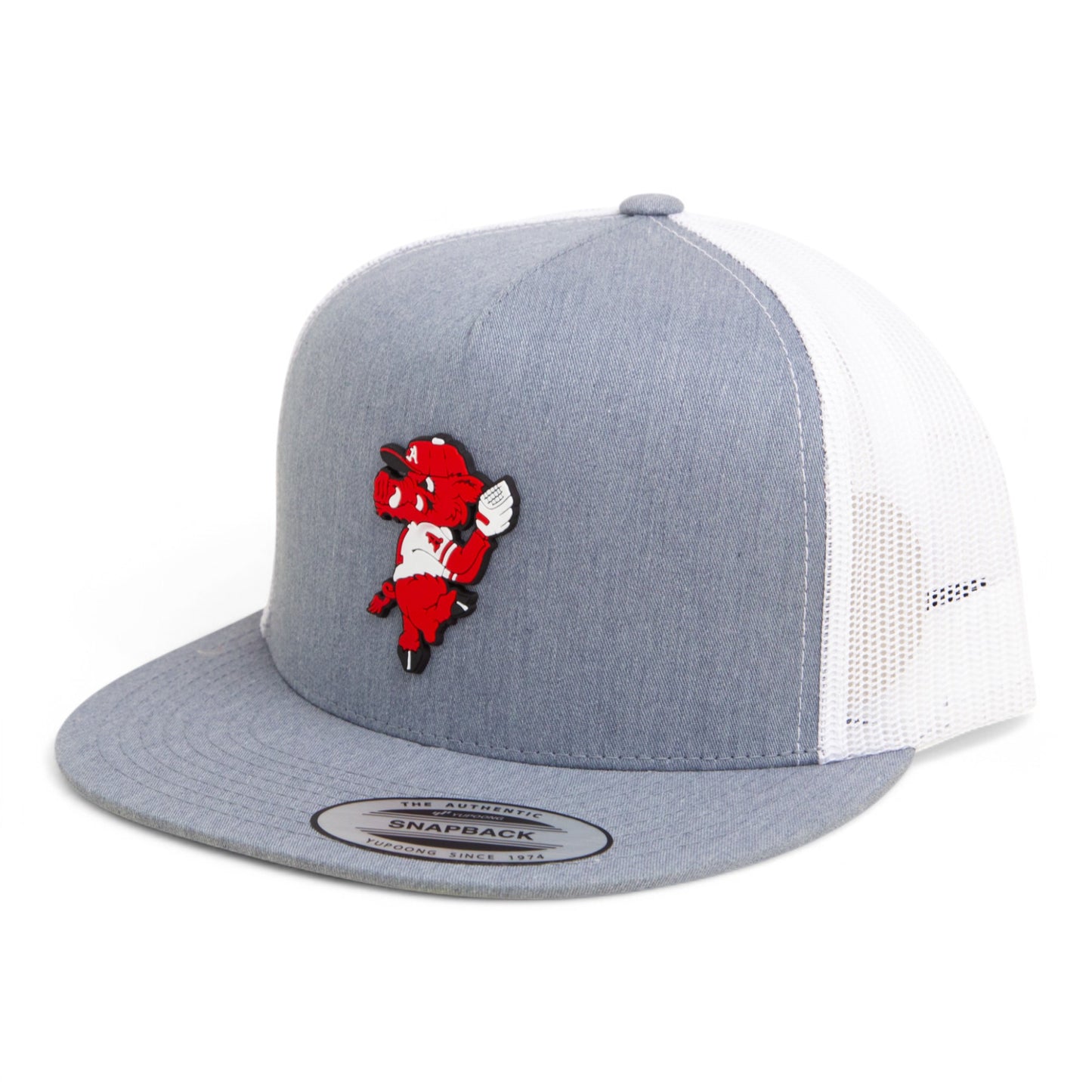 Arkansas Razorbacks Pitching Ribby 3D YP Snapback Flat Bill Trucker Hat- Heather Grey/ White