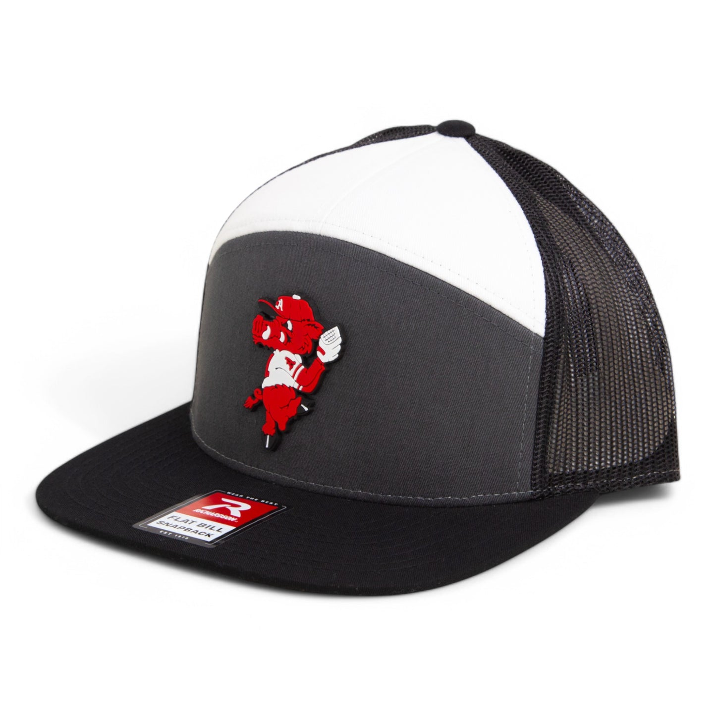 Arkansas Razorbacks Pitching Ribby 3D Snapback Seven-Panel Flat Bill Trucker Hat- Charcoal/ Black/ White