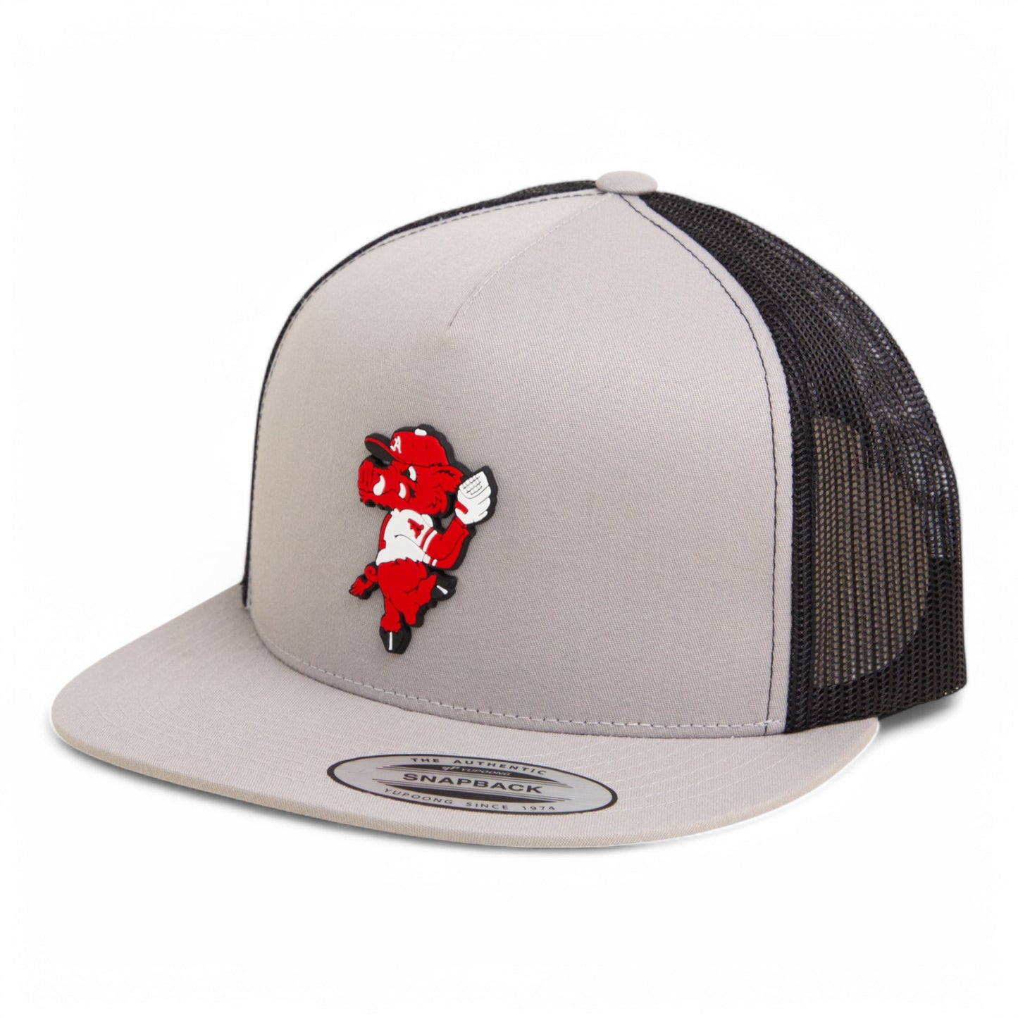 Arkansas Razorbacks Pitching Ribby 3D YP Snapback Flat Bill Trucker Hat- Silver/ Black