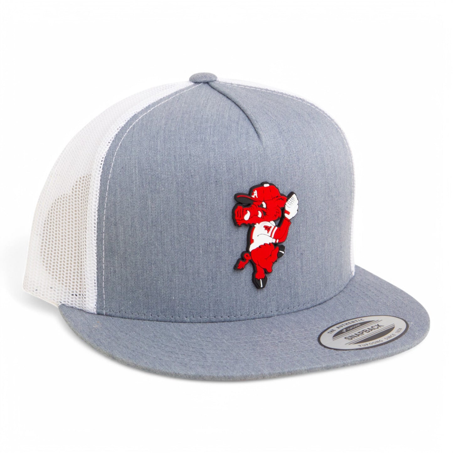 Arkansas Razorbacks Pitching Ribby 3D YP Snapback Flat Bill Trucker Hat- Heather Grey/ White