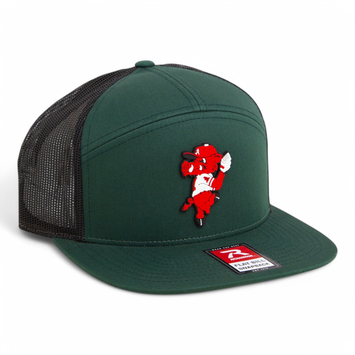 Arkansas Razorbacks Pitching Ribby 3D Snapback Seven-Panel Flat Bill Trucker Hat- Dark Green/ Black