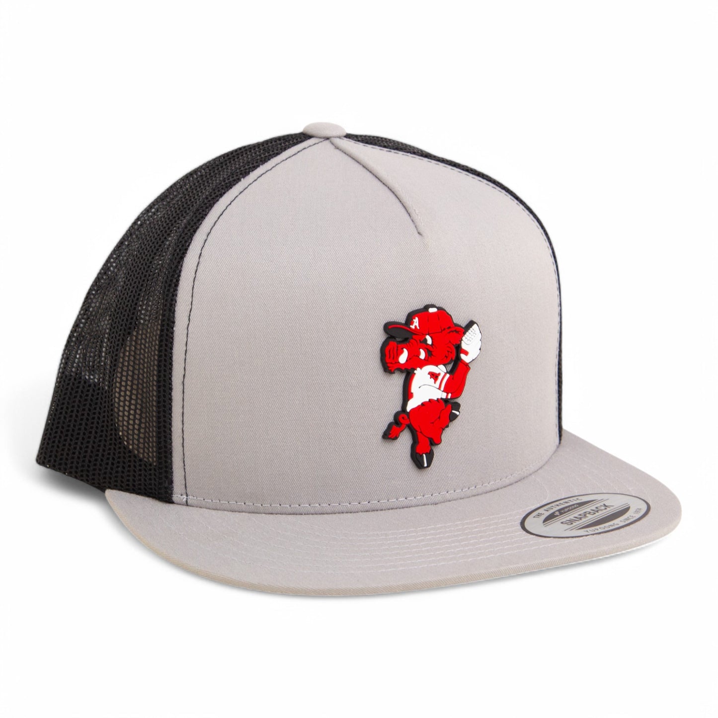 Arkansas Razorbacks Pitching Ribby 3D YP Snapback Flat Bill Trucker Hat- Silver/ Black