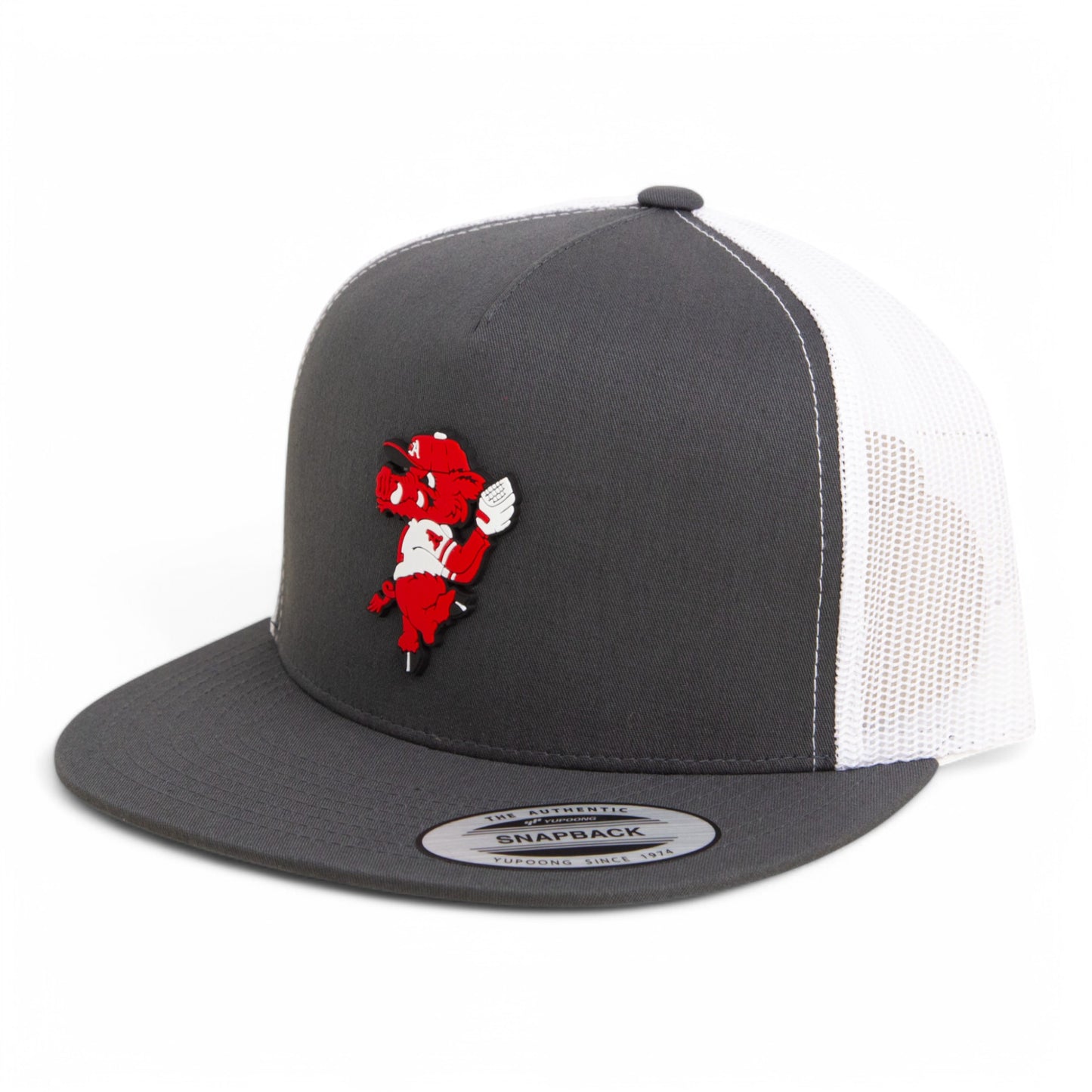 Arkansas Razorbacks Pitching Ribby 3D YP Snapback Flat Bill Trucker Hat- Charcoal/ White