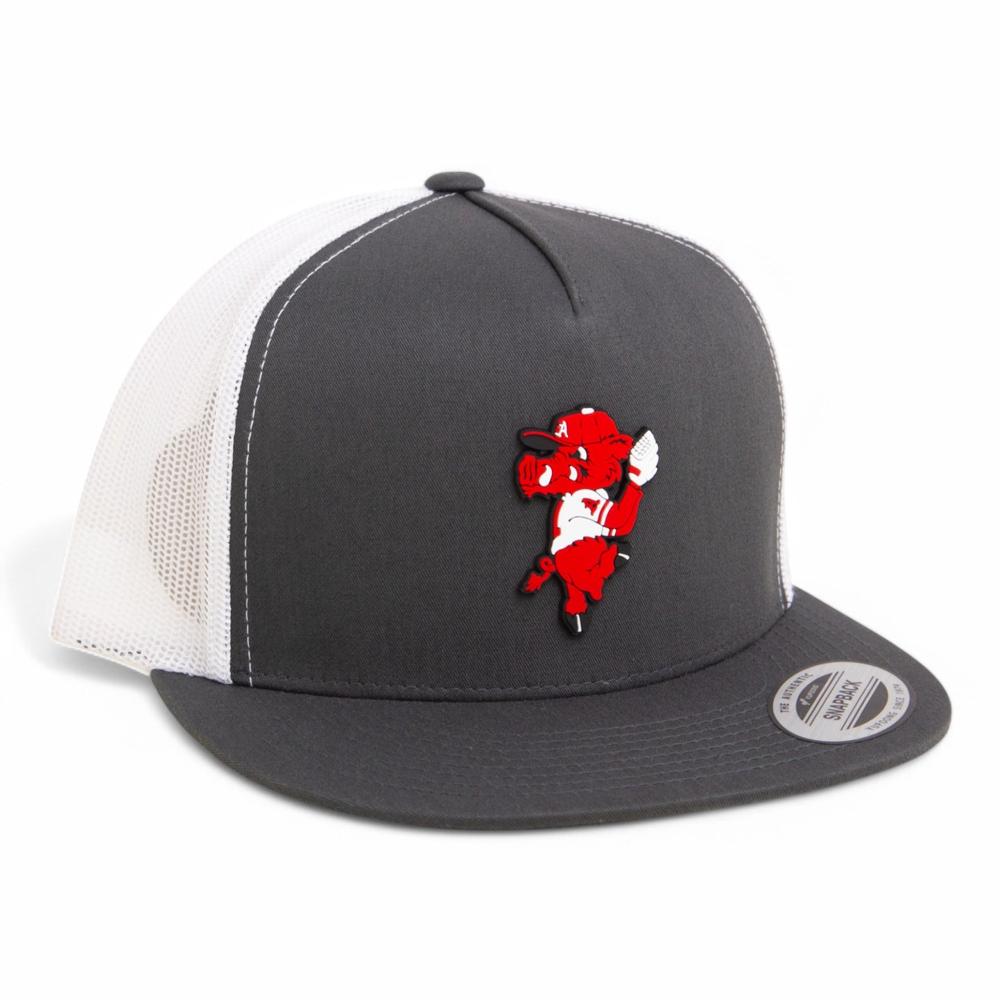 Arkansas Razorbacks Pitching Ribby 3D YP Snapback Flat Bill Trucker Hat- Charcoal/ White