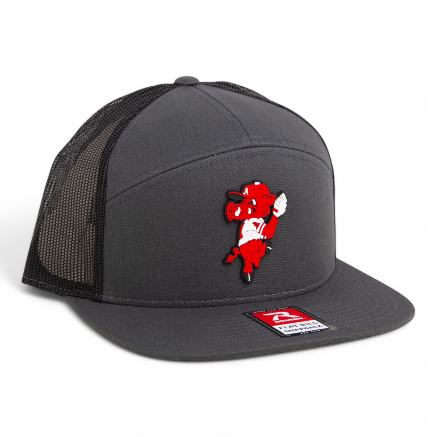 Arkansas Razorbacks Pitching Ribby 3D Snapback Seven-Panel Flat Bill Trucker Hat- Charcoal/ Black