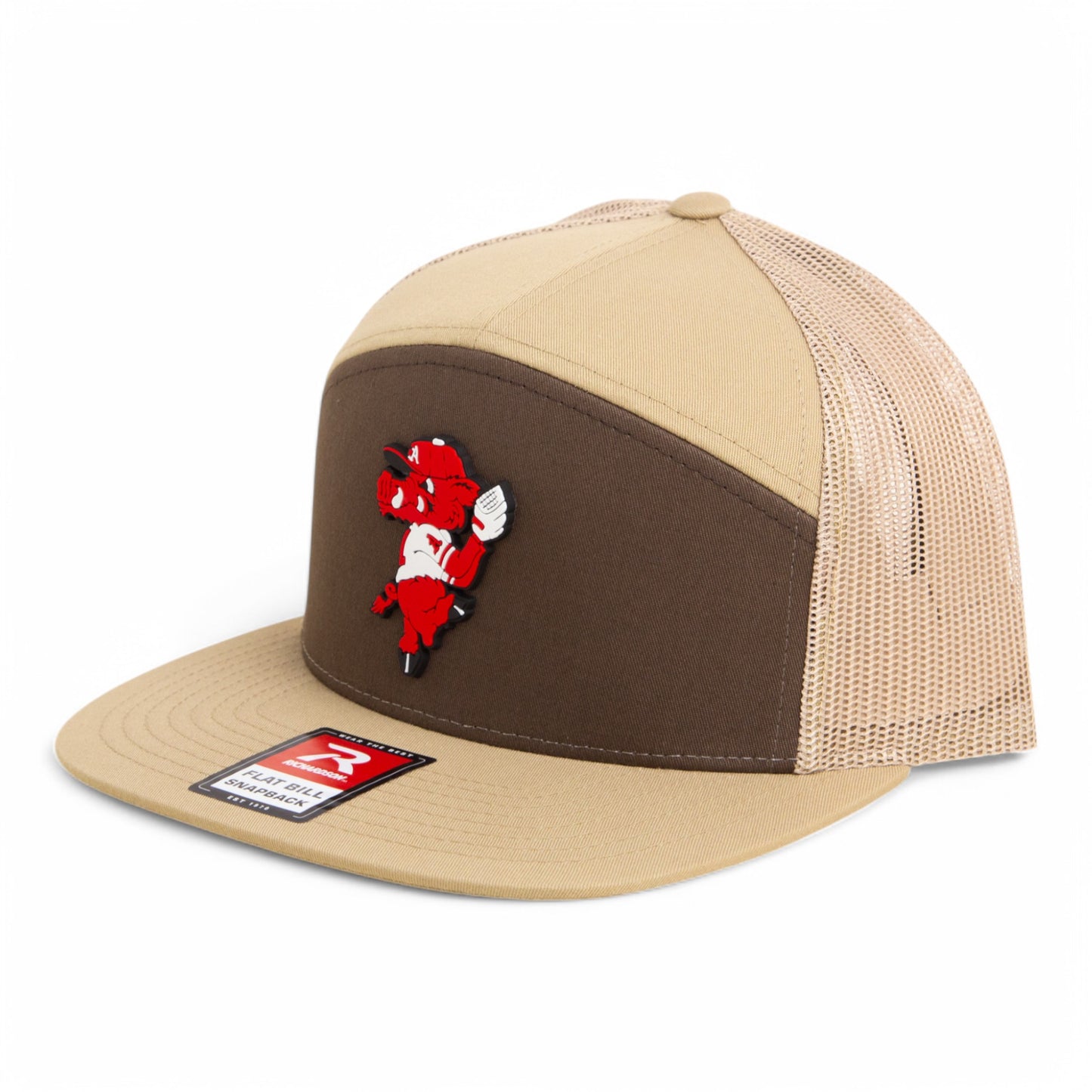 Arkansas Razorbacks Pitching Ribby 3D Snapback Seven-Panel Flat Bill Trucker Hat- Brown/ Tan