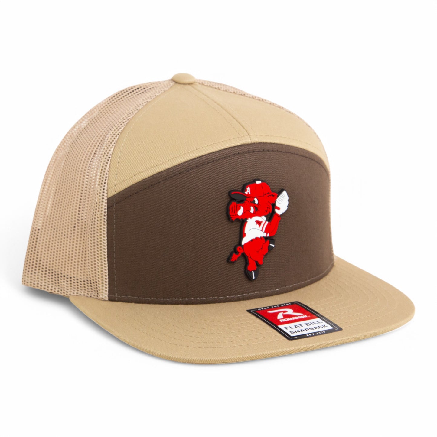 Arkansas Razorbacks Pitching Ribby 3D Snapback Seven-Panel Flat Bill Trucker Hat- Brown/ Tan