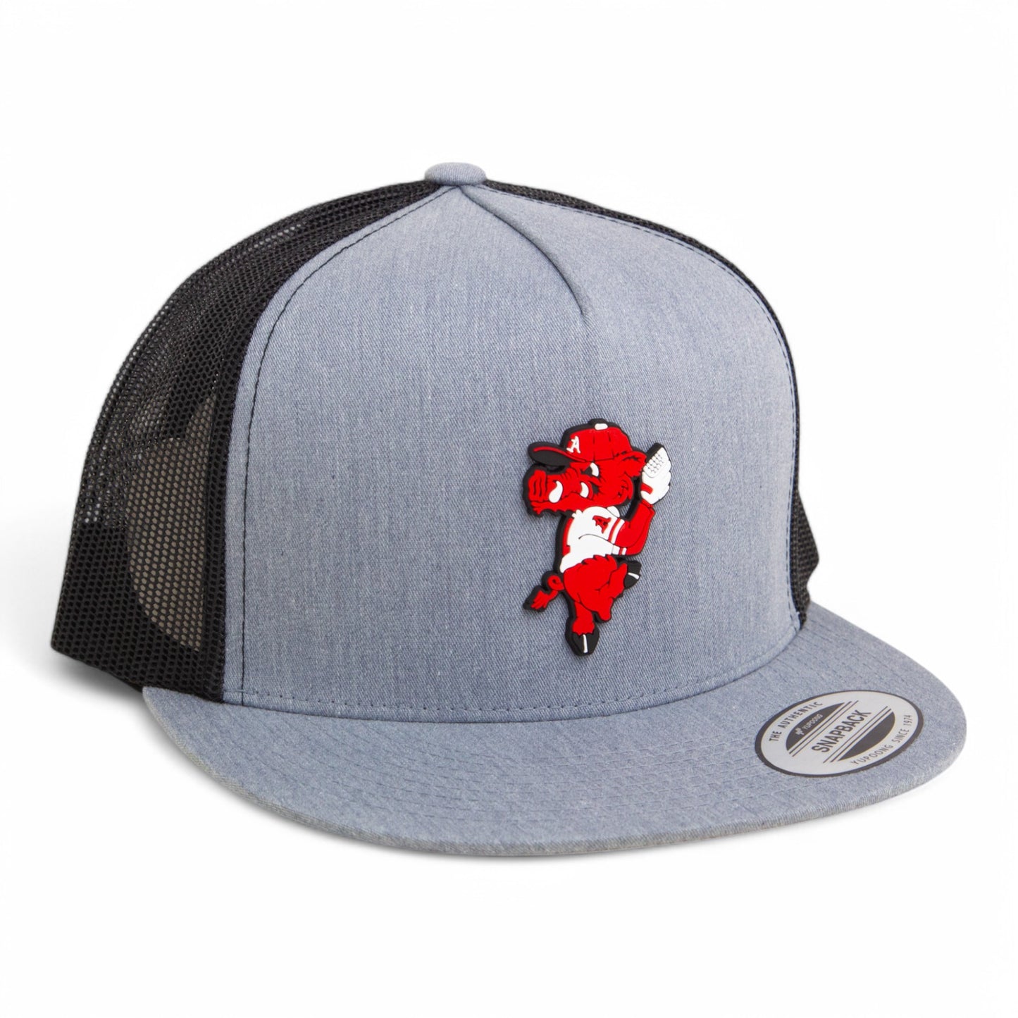 Arkansas Razorbacks Pitching Ribby 3D YP Snapback Flat Bill Trucker Hat- Heather Grey/ Black