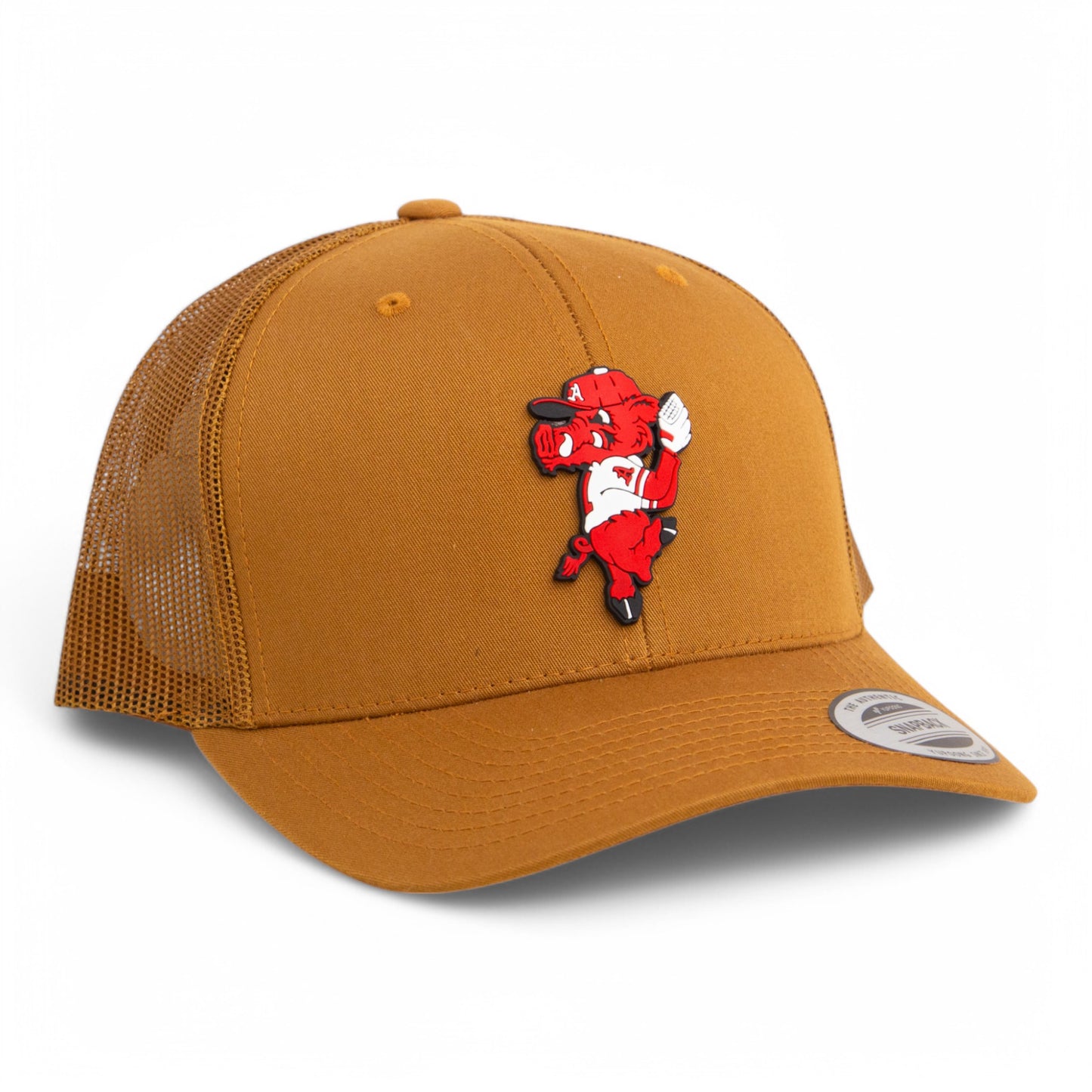 Arkansas Razorbacks Pitching Ribby 3D YP Snapback Trucker Hat- Caramel