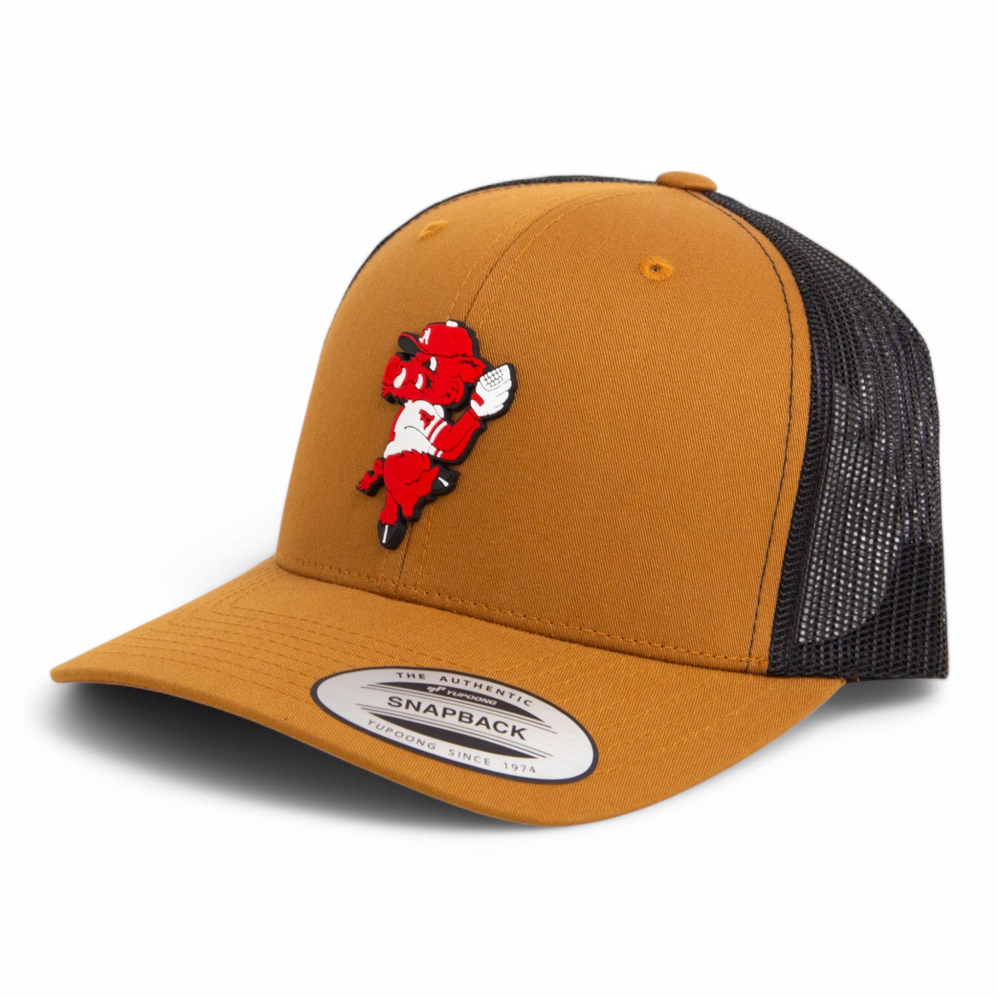 Arkansas Razorbacks Pitching Ribby 3D YP Snapback Trucker Hat- Caramel/ Black