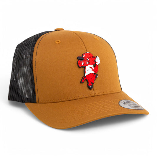 Arkansas Razorbacks Pitching Ribby 3D YP Snapback Trucker Hat- Caramel/ Black