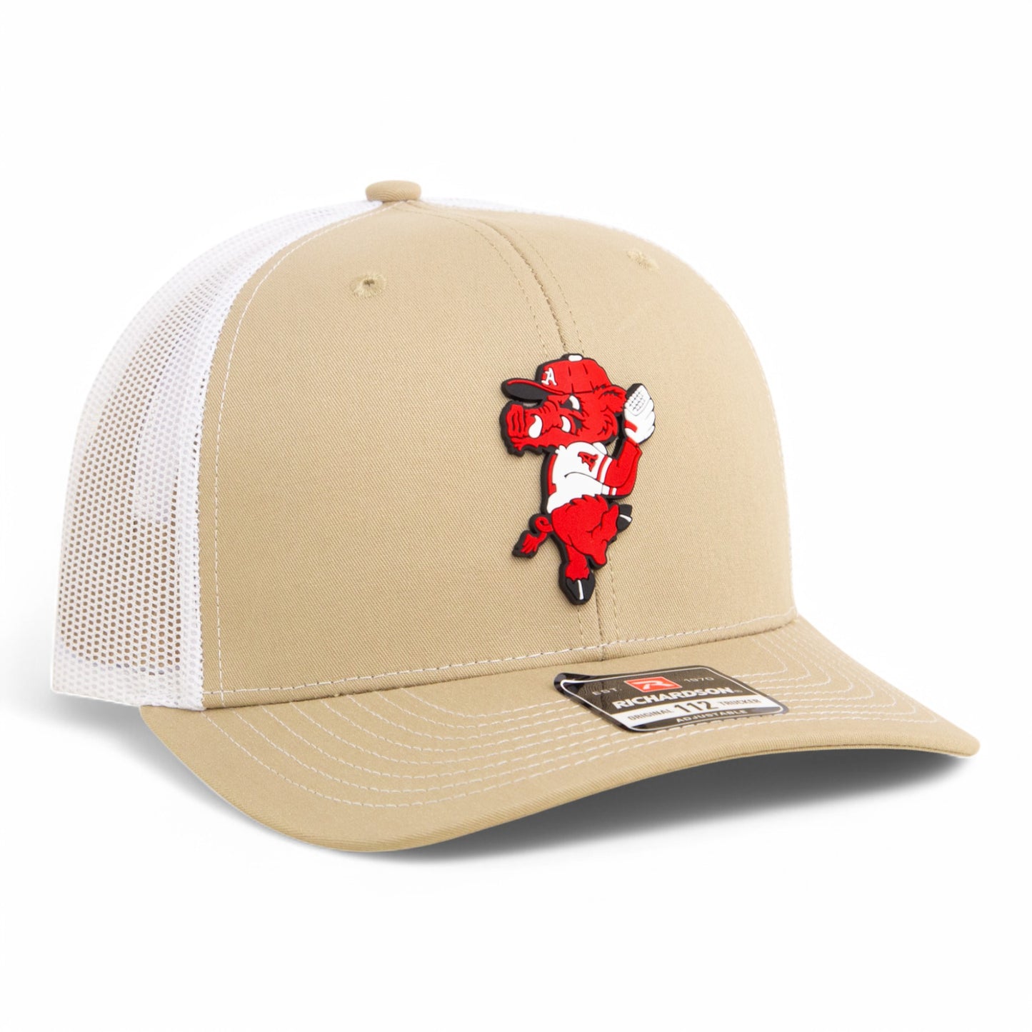 Arkansas Razorbacks Pitching Ribby 3D Snapback Trucker Hat- Tan/ White