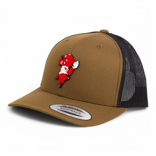 Arkansas Razorbacks Pitching Ribby 3D YP Snapback Trucker Hat- Coyote Brown/ Black