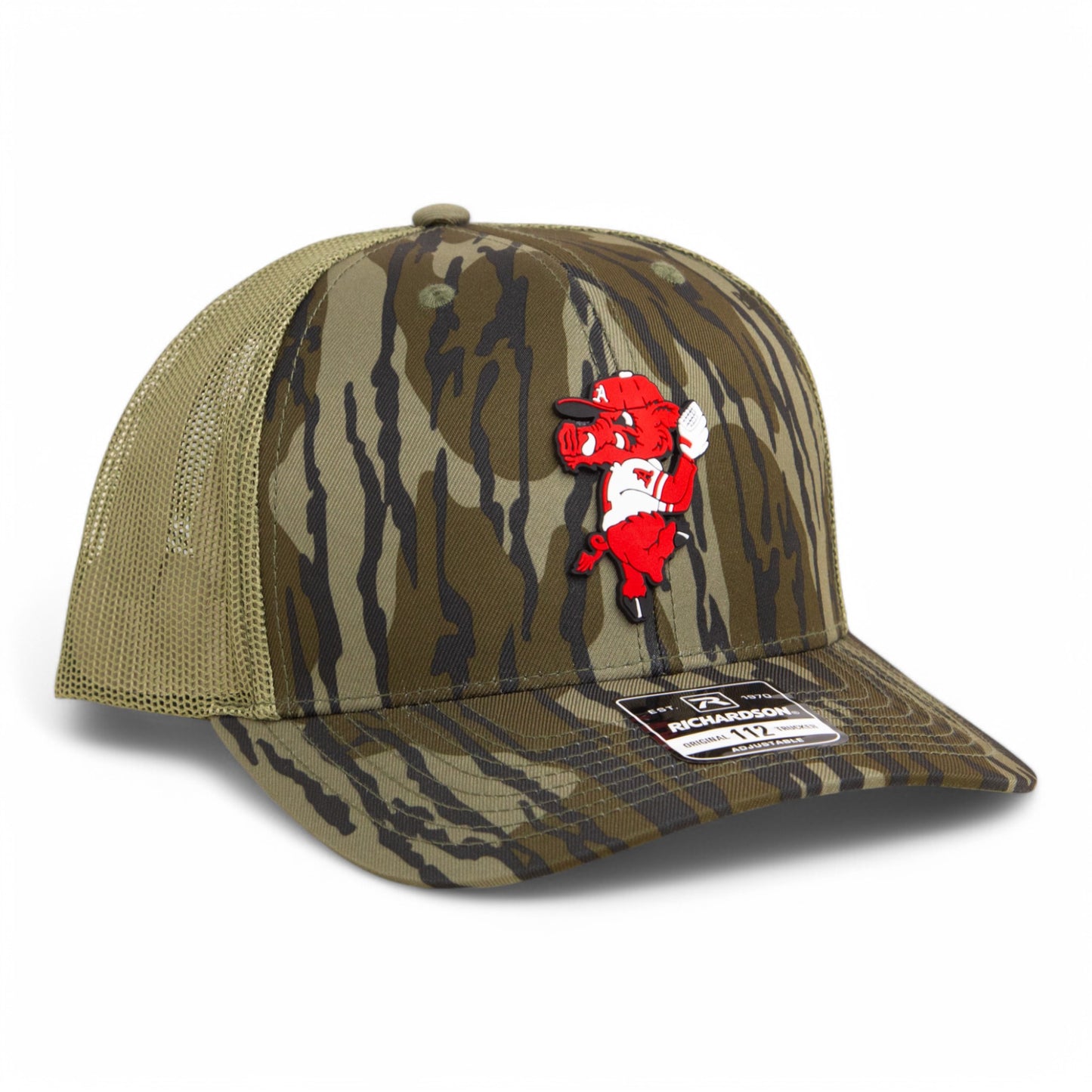 Arkansas Razorbacks Pitching Ribby 3D Snapback Trucker Hat- Mossy Oak Bottomland/ Loden