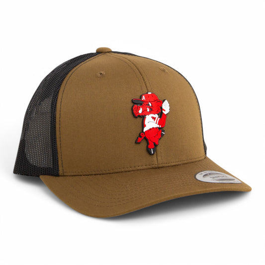 Arkansas Razorbacks Pitching Ribby 3D YP Snapback Trucker Hat- Coyote Brown/ Black