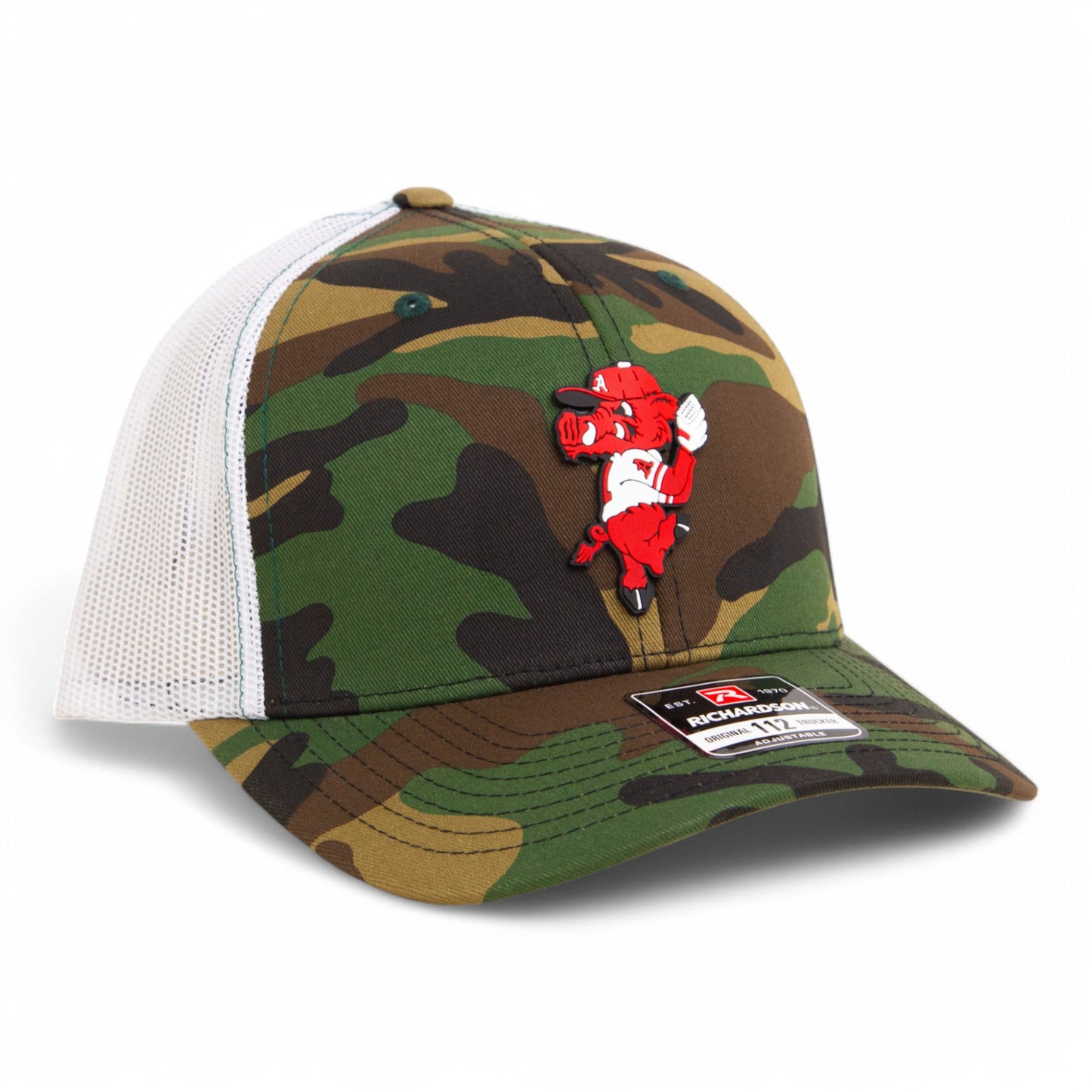 Arkansas Razorbacks Pitching Ribby 3D Snapback Trucker Hat- Army Camo/ White