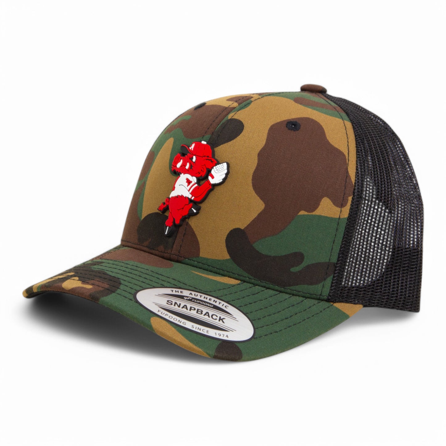 Arkansas Razorbacks Pitching Ribby 3D YP Snapback Trucker Hat- Army Camo/ Black