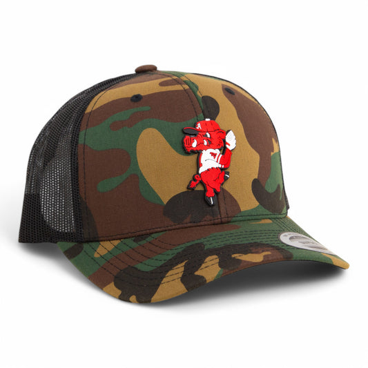 Arkansas Razorbacks Pitching Ribby 3D YP Snapback Trucker Hat- Army Camo/ Black