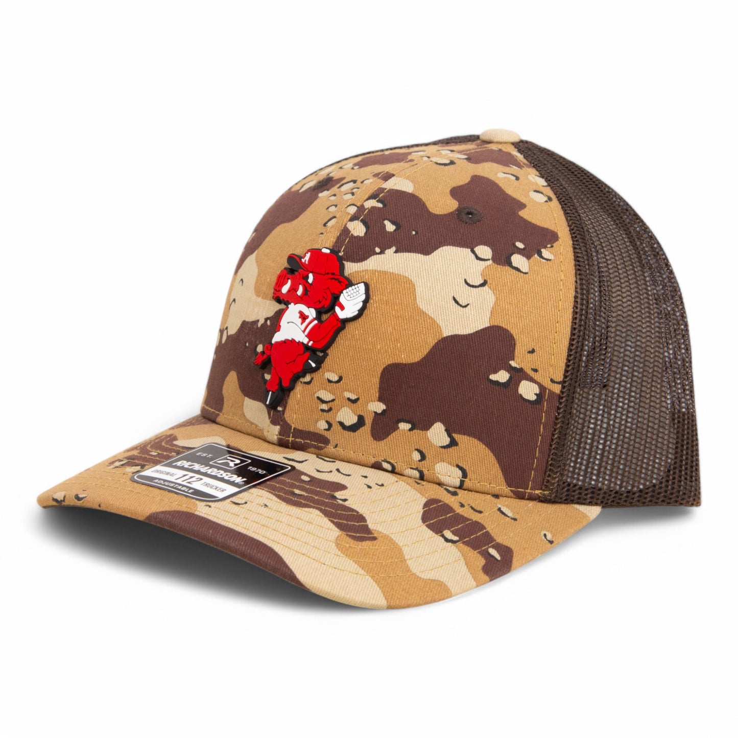 Arkansas Razorbacks Pitching Ribby 3D Snapback Trucker Hat- Desert Camo/ Brown