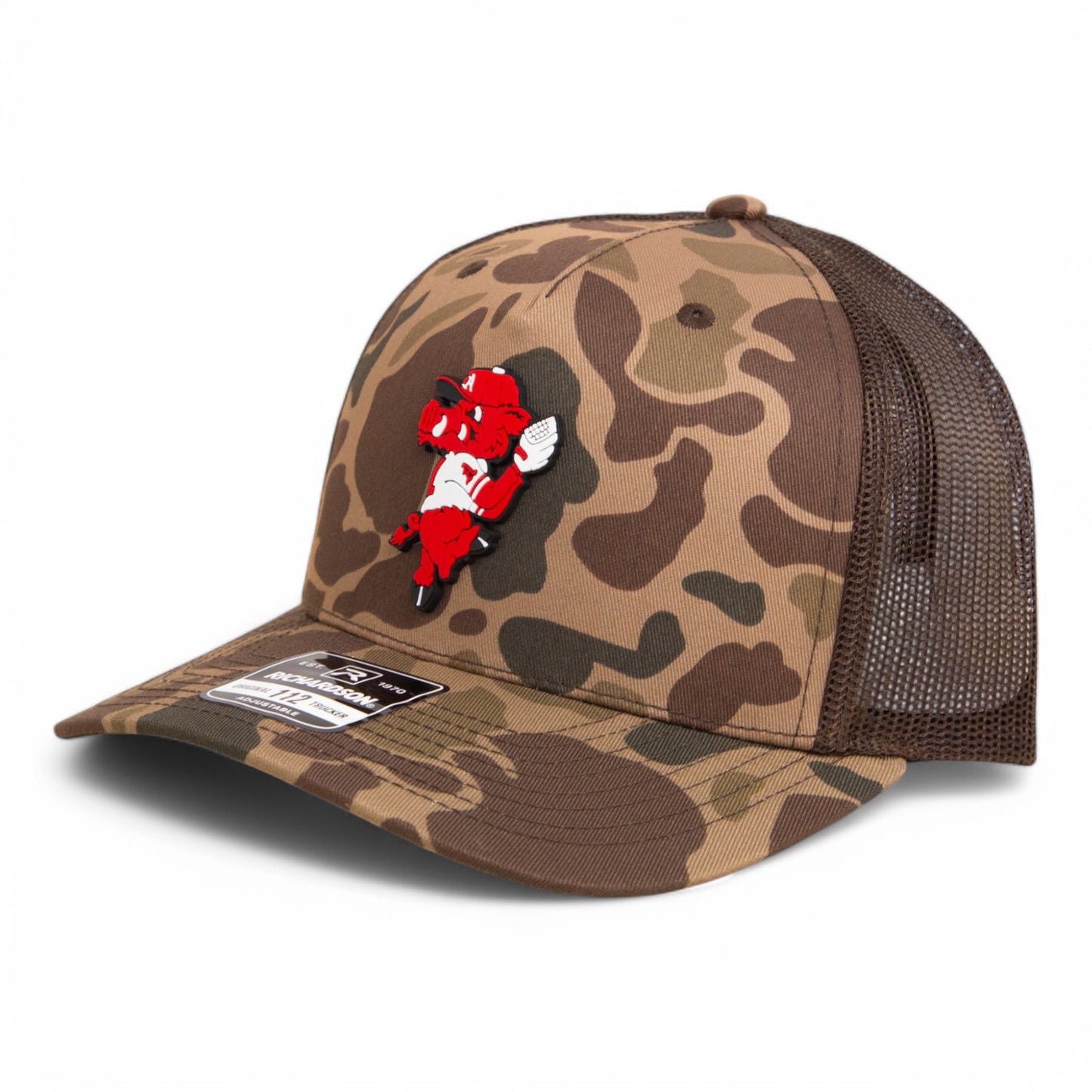 Arkansas Razorbacks Pitching Ribby 3D Snapback Trucker Hat- Bark Duck Camo/ Brown