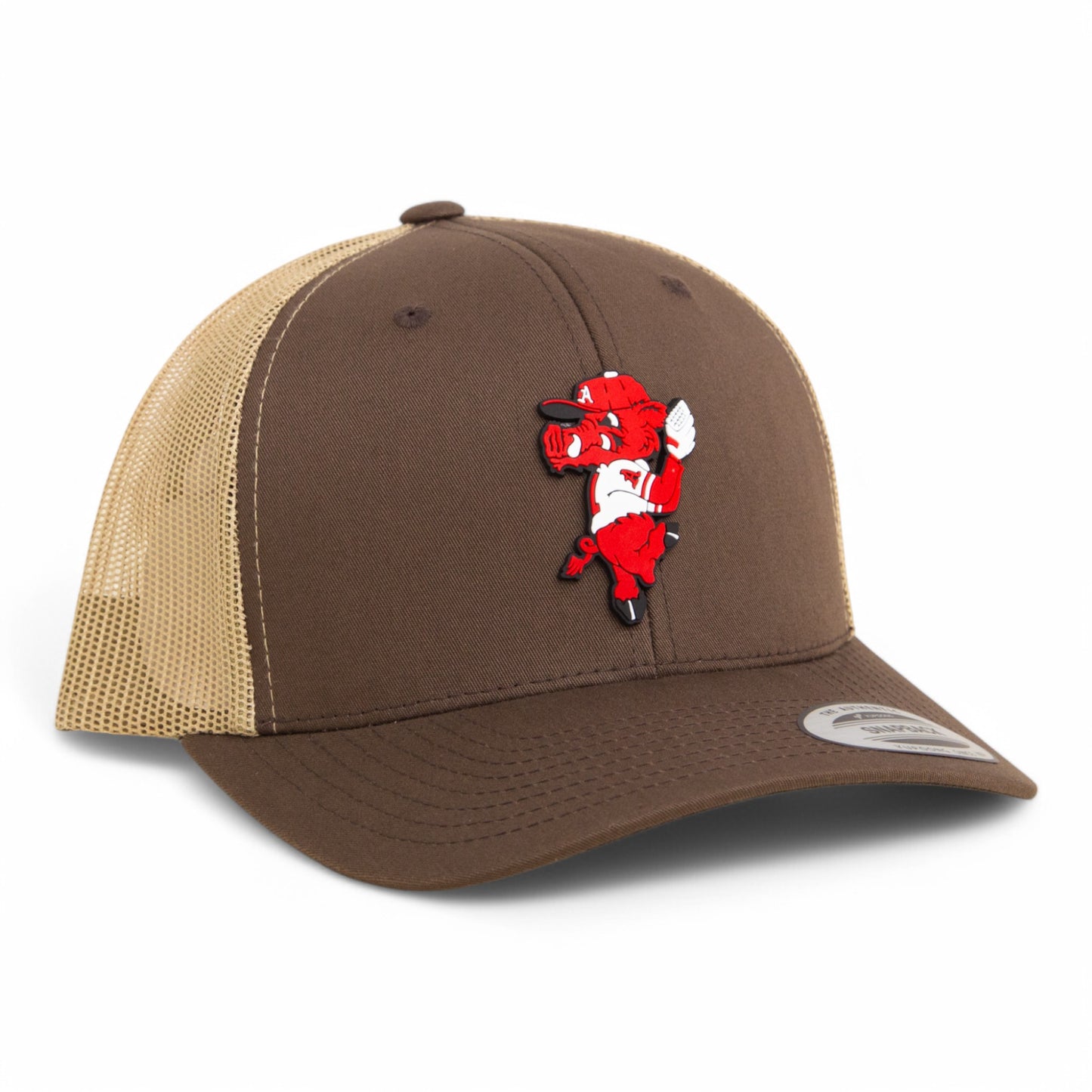 Arkansas Razorbacks Pitching Ribby 3D YP Snapback Trucker Hat- Brown/ Tan