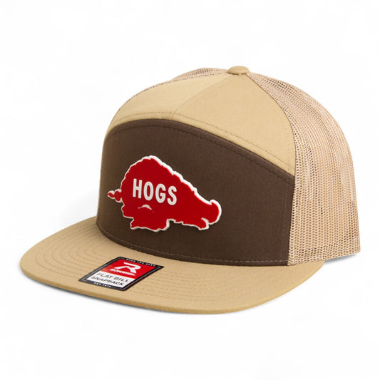 Arkansas Razorbacks Retro HOGS Red 3D Snapback Seven-Panel Flat Bill Trucker Hat- Brown/ Tan