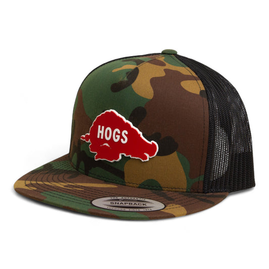 Arkansas Razorbacks Retro HOGS Red 3D YP Snapback Flat Bill Trucker Hat- Army Camo/ Black
