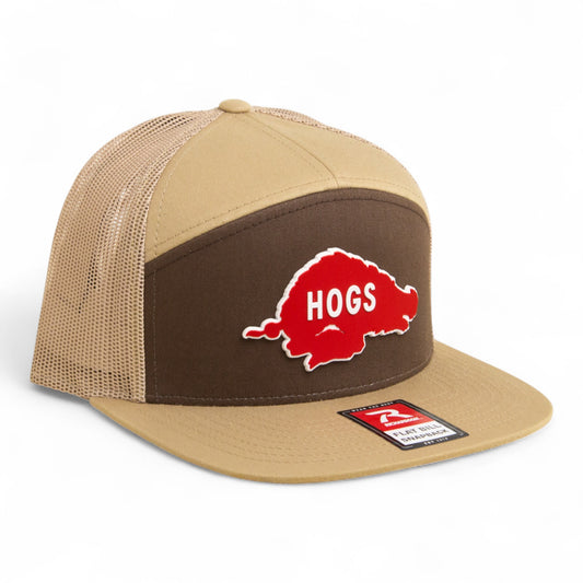 Arkansas Razorbacks Retro HOGS Red 3D Snapback Seven-Panel Flat Bill Trucker Hat- Brown/ Tan